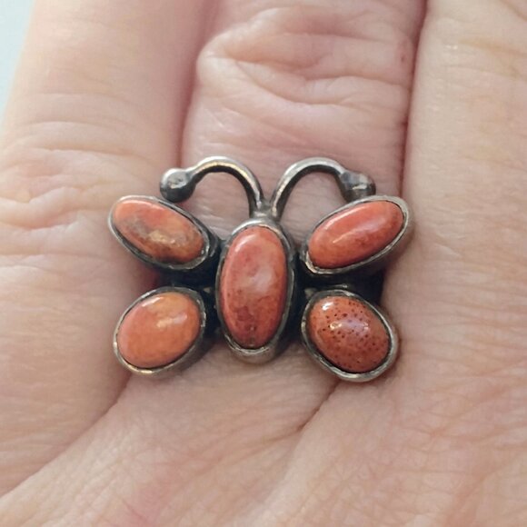 Southwest Style Sterling Silver Orange Spiny Oyster Shell Butterfly Ring Size 8 - Picture 2 of 7